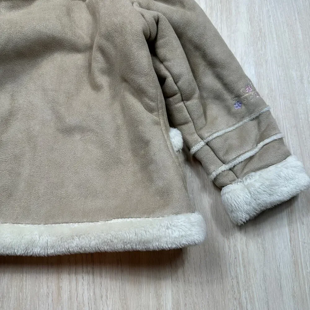 Arizona Jean Co Girls Tan Faux Suede Sherpa Embroidered Y2K Hooded Winter Coat 4